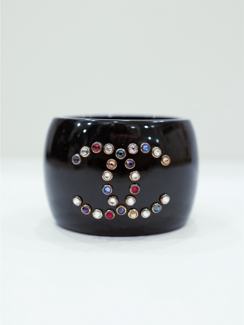 CHANEL Black Resin Cuff with Multicolor Crystal CC Emblem